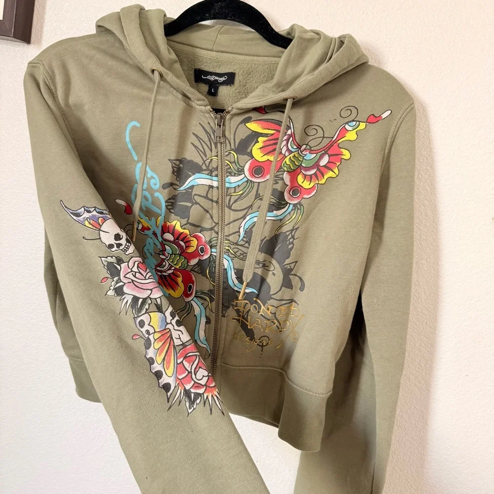 Ed Hardy Butterfly & Rose Crop Girls Hoodie Size Largre - Picture 3 of 10